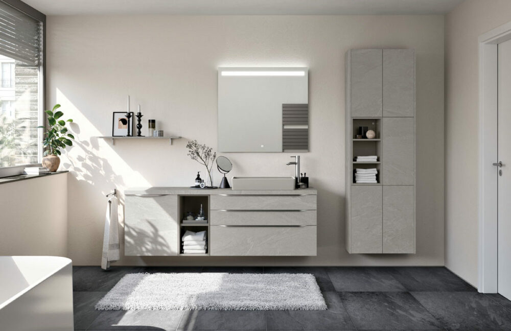 мебель для ванной с фактурой камня, StoneArt, nobilia, подвесная тумба под раковину, накладная раковина, 45 см, ассиметрия, модульная мебель, шкаф с зеркалом