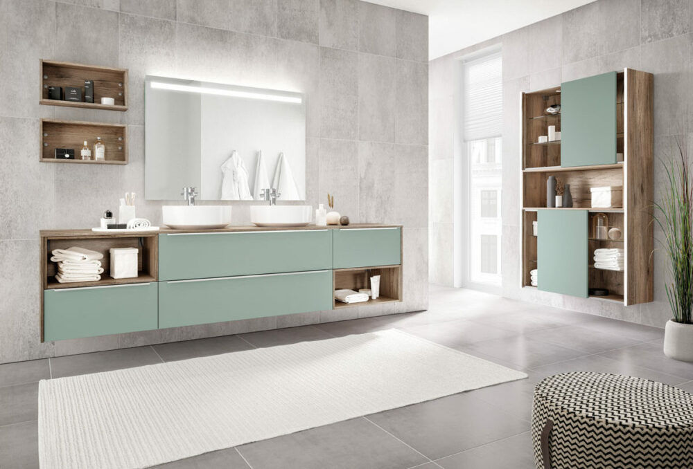 дизайнерские ассиметричные шкафы в ванную, Touch, aqua, голубой, эмаль и дерево, тумба на 2 раковины, скользящие двари, ниша, круглая раковина, nobilia, premium