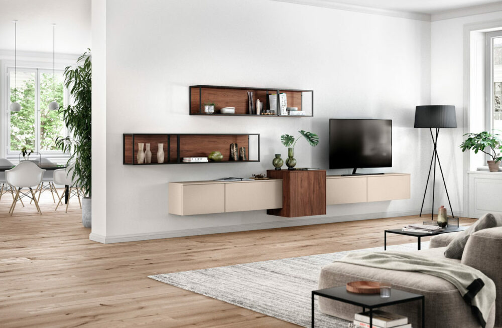 стильная тв-зона с тумбой и открытыми полками, nobilia easytouch