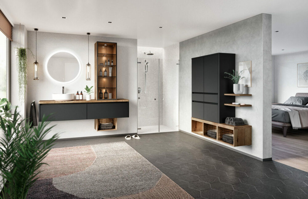 дизайнерский интерьер ванной, Touch, nobilia, интегрированный в тумбу стеллаж, радиальный корпус, круглая раковина, черный, орех, круглое зеркало