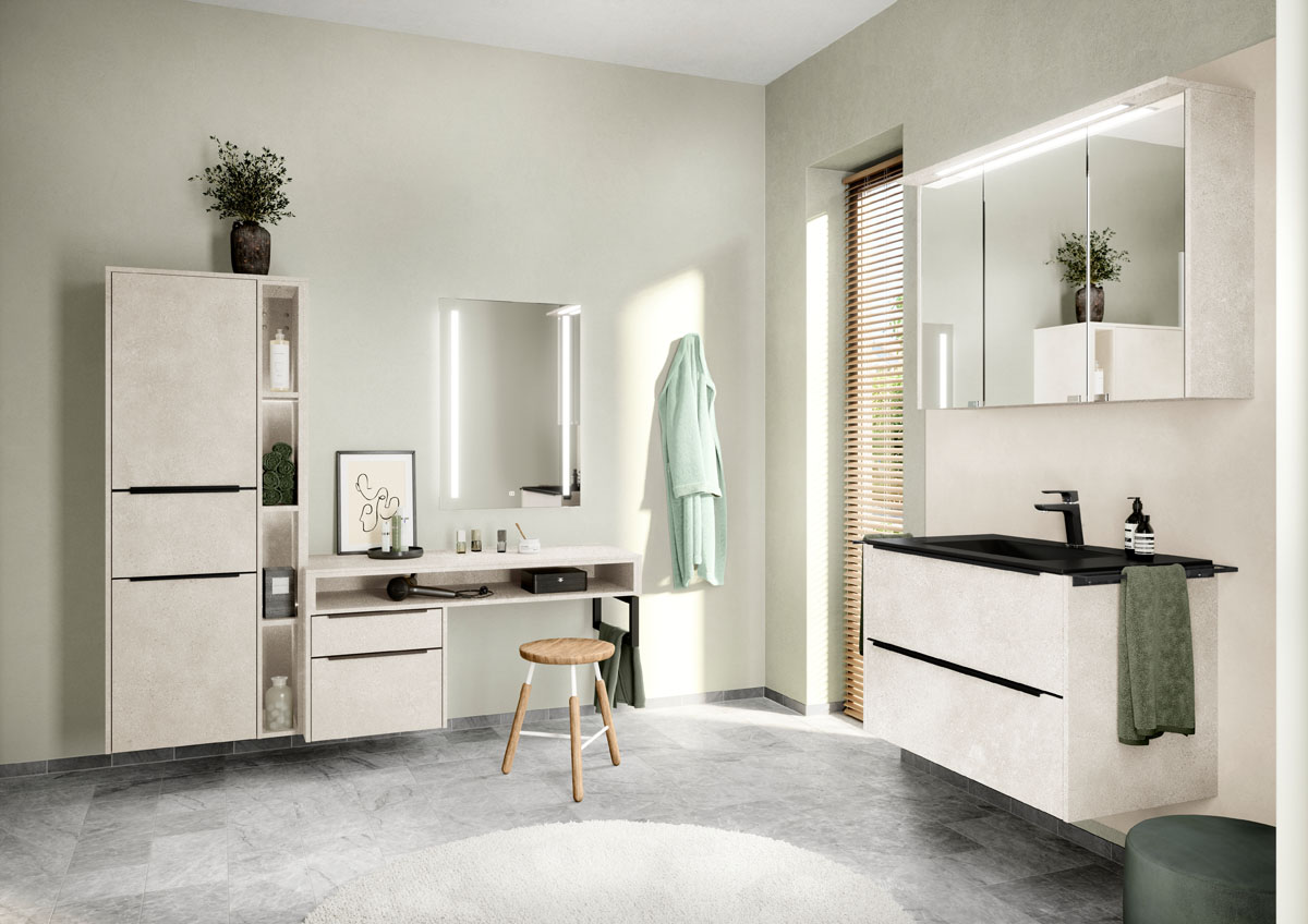 Мебель в ванной с туалетным столиком Riva, белый бетон, Nobilia