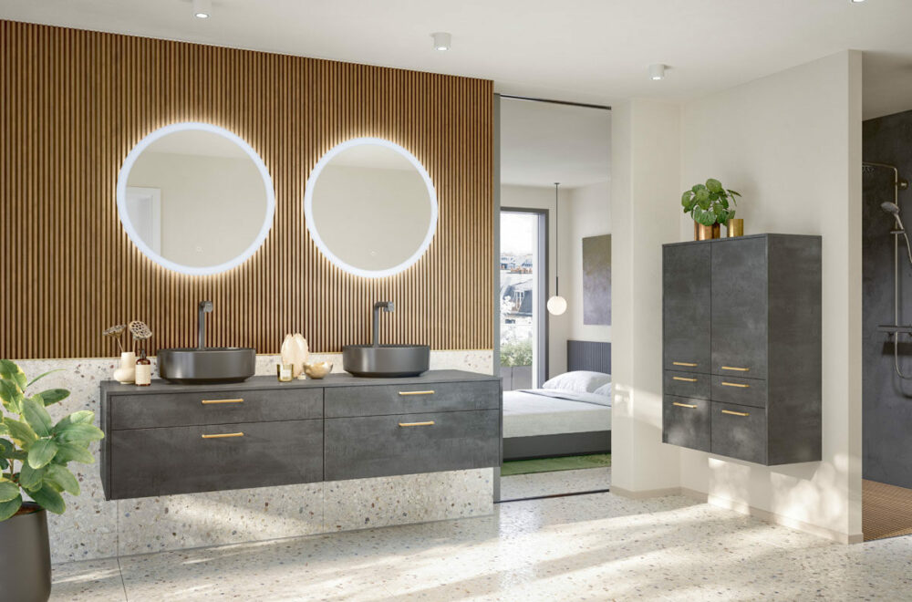 Дизайнерский интерьер ванной, мебель для ванной Laser, черный бетон, тумба с раковиной, 90 см, тумба на 2 раковины, навесной шкаф, пенал с ящиками, ручки латунь, круглое зеркало с подсветкой, Nobilia, премиум, Германия