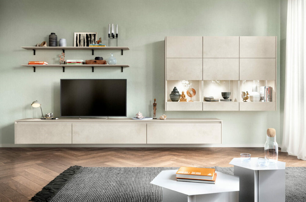гостиная, бетон, Riva, nobilia, тв-зона, комод, навесные шкафы, полки, стекло, светлый, серый, песочный, интерьер