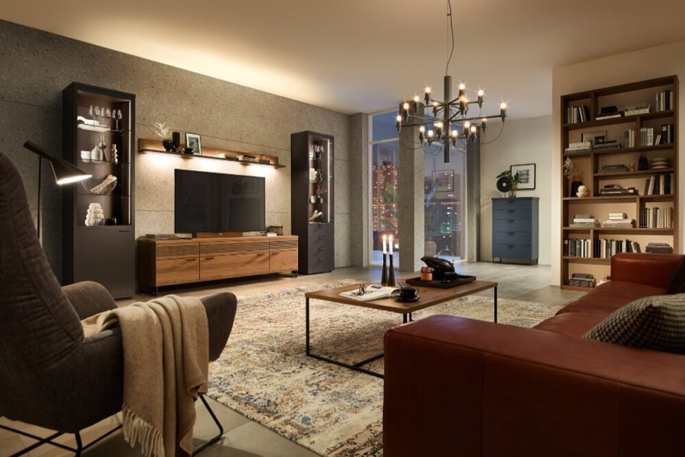 гостиная с тв-зоной мебель с акустическими фасадами в шпоне