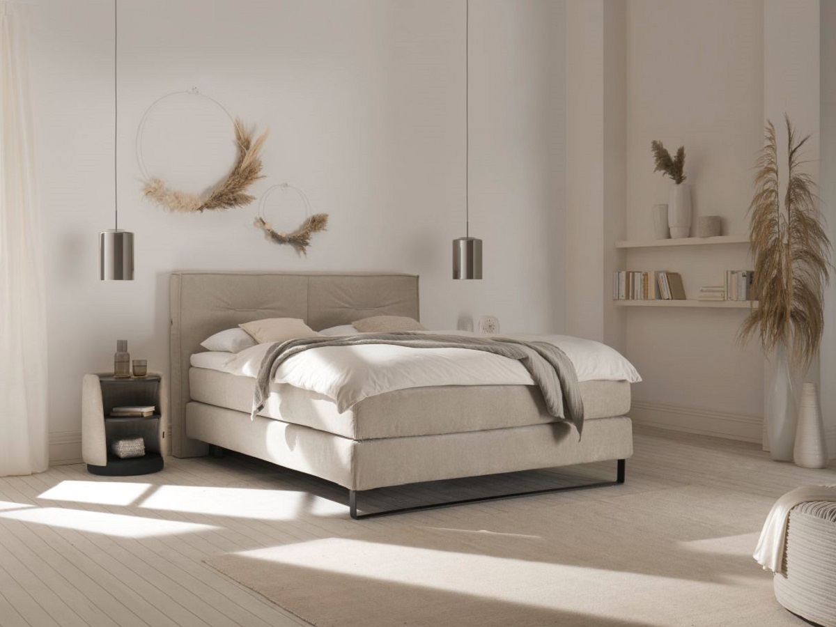 мягкая кровать boxspring MyDream c дизайнерским изголовьем, круглая прикроватная тумбочка