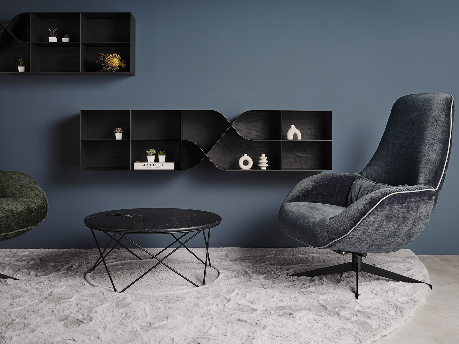 горизонтальные полки с изгибом, Shelf, Christine Kroencke, Rauch grau, металлб шпон дуба