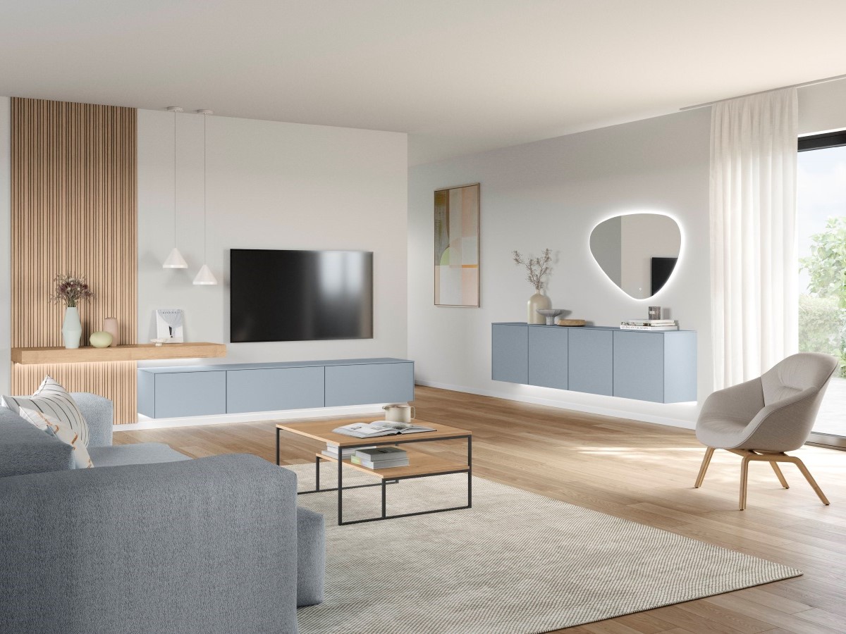 мебель премиум класса в тв-зону, Senso Sky, nobilia, матовая эмаль, голубой, зеркало с LED-подсветкой