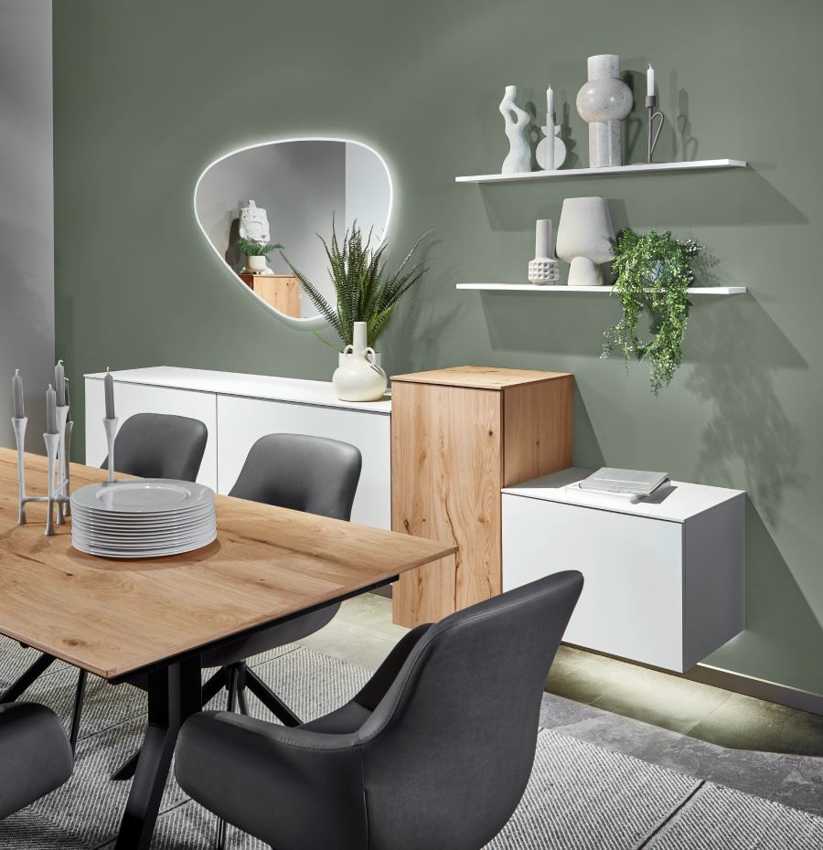 интерьер столовой с зеркалом, мебель премиум класса, nobilia, зеркало с LED-подсветкой, форма гальки, Grayce