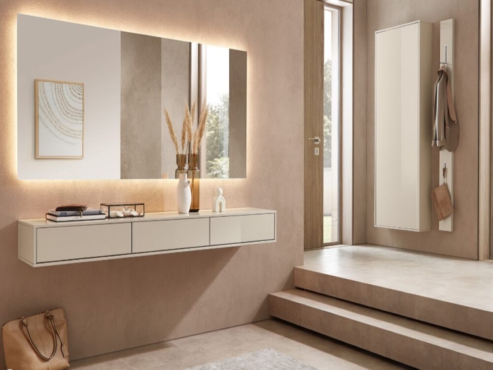 современная светлая прихожая подвесной комод с зеркалом и пеналом для обуви, немецкая мебель RMW