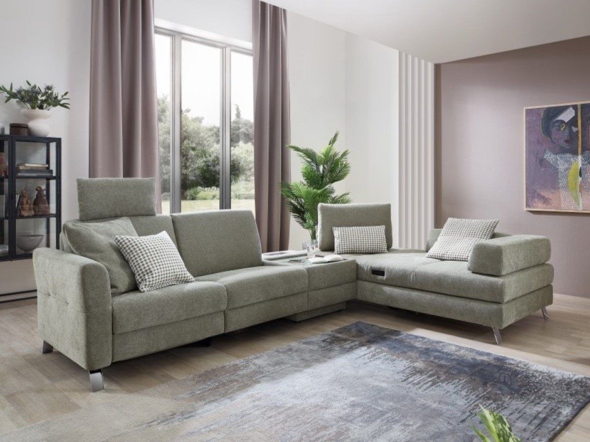 угловой диван с шезлонгом серо-зеленый велюр