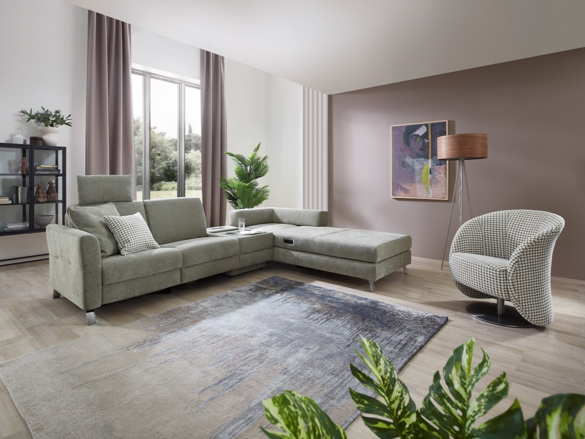 современный угловой диван со встроенным столиком и шезлонгом, диван микровелюр, мягкая мебель Германии