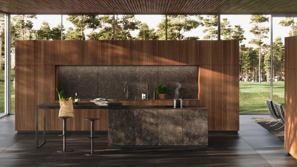 кухня с рейками и каменный островом Leicht