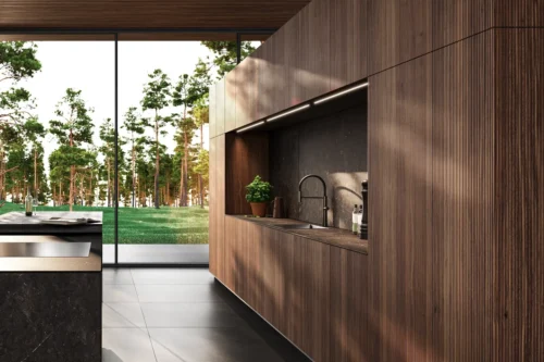 премиум шпон на кухне с реечными фасадами