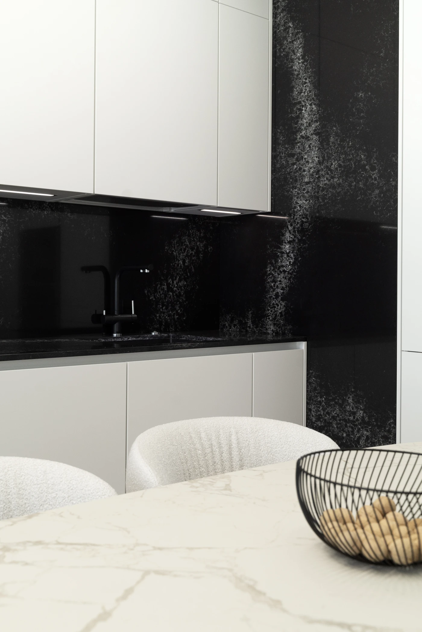 белая угловая кухня ч серной столешницей