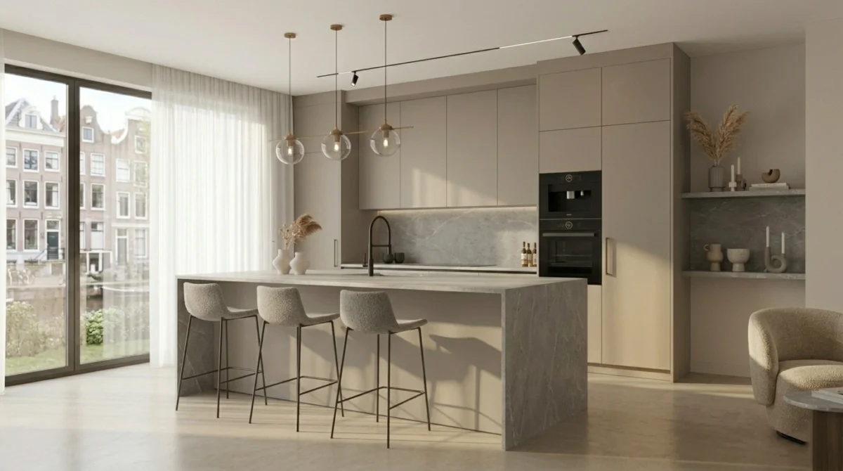 серый камень на фартуке кухни