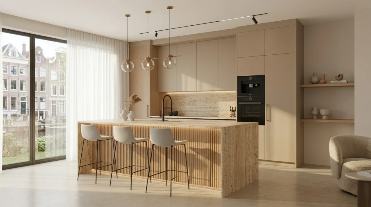 травертин на фартуке кухни