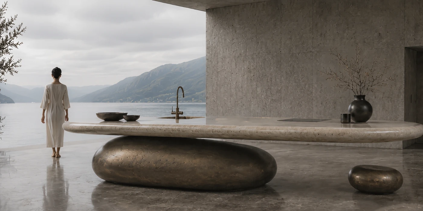 Stone Balance — woman at the island